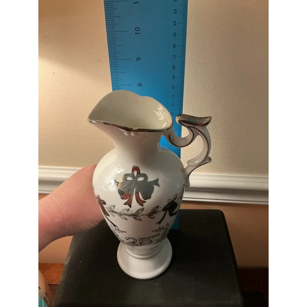 Lefton China 25th Anniversary Pitcher Vintage Silver Trim Porcelain Ewer SL2283N